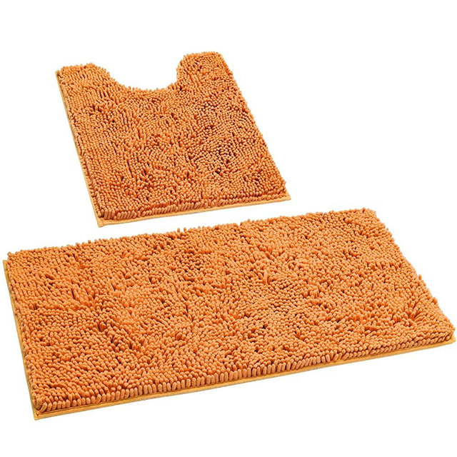 HOMEIDEAS 2 Pieces Bathroom Rugs Set Orange, Ultra Soft Non Slip Bath Rug, Absorbent Chenille Bath Mat, Plush Bathroom Carpets Mats for Bathroom, Tub, Shower