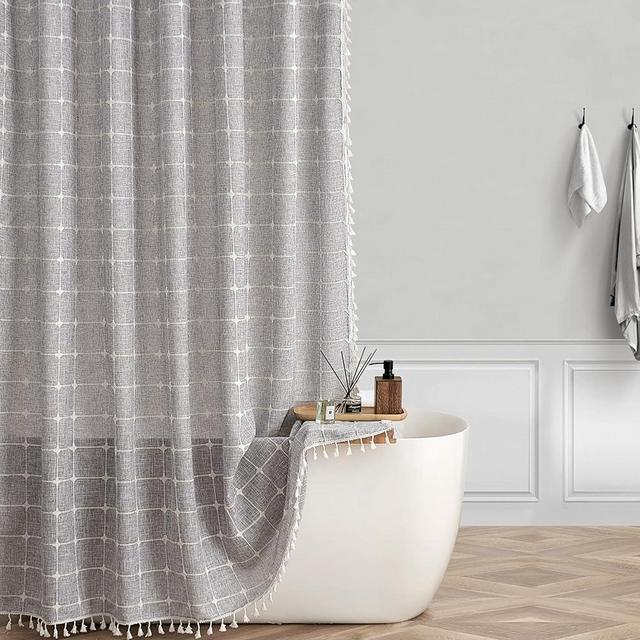 Boho Farmhouse Gray Shower Curtain with Tassels,Waffle Weave Textured Lattice Linen Shower Curtains,Country Cottage Bathroom Decor Thick Solid Color Shower Curtain Set with Hooks,72x84 in Length.