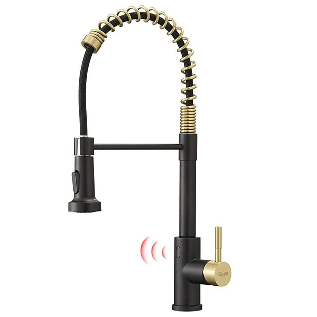 GIMILI Black Gold Touchless Spring Kitchen Faucet with Pull Down Sprayer, Motion Sensor Activated Hands-Free Single Handle Kitchen Sink Faucet, Smart Single Hole Kitchen Faucet, Matte Black&Gold