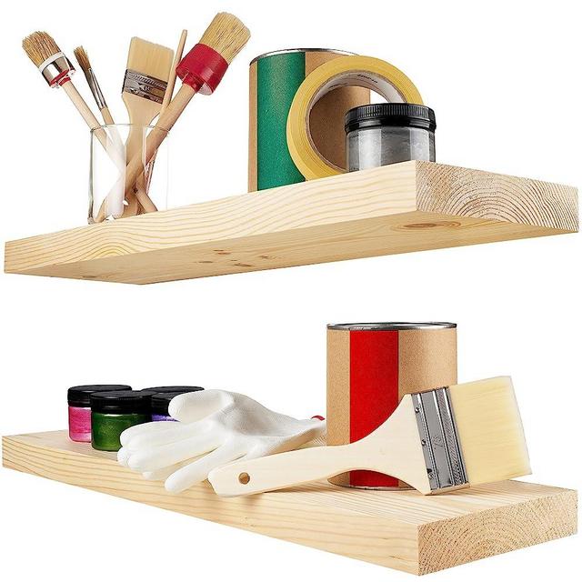 BAOBAB WORKSHOP Floating Wood Shelves Set of 2 - Rustic Shelf 24 inch - Handcrafted - Wide Wooden Wall Shelves for Living Room Bedroom Kitchen Bathroom Farmhouse - DIY Unfinished - 24" x 6.7"