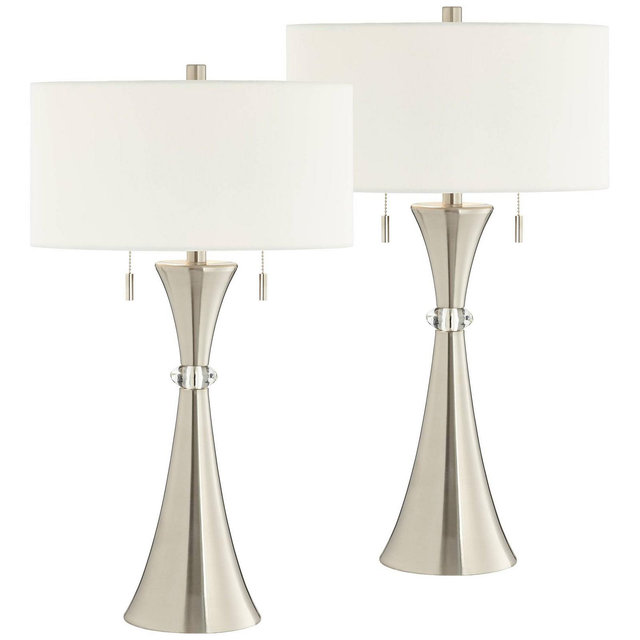 360 Lighting Rachel Modern Table Lamps 28" Tall Set of 2 Concave Column Hourglass Metal White Drum Shade for Bedroom Living Room Bedside Nightstand