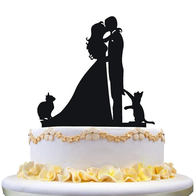 YAMI COCU Wedding Cake Toppers Cats Black Acrylic Cake Topper of Engagement and Wedding with Bride and Groom