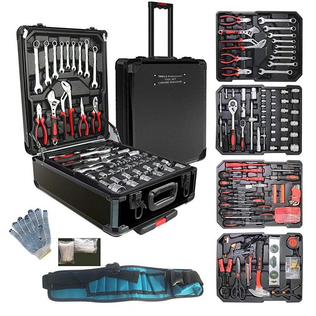 Tool Sets for Men, Tool Box with Tools, Tool Kit with Rolling Tool Box, Complete Tool Box Set,Household Tool Set, Aluminum Trolley Case Tool Setas, Gift on Father's Day