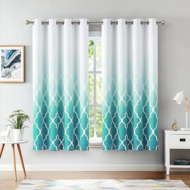 Metro Parlor Teal Ombre 100% Blackout Small Curtains Whit Design 54 Inches Length for Bedroom and Living Room, White Moroccan Patterned Window Treatments, Grommet Top Short Drapes 52" W 2 Panel Sets