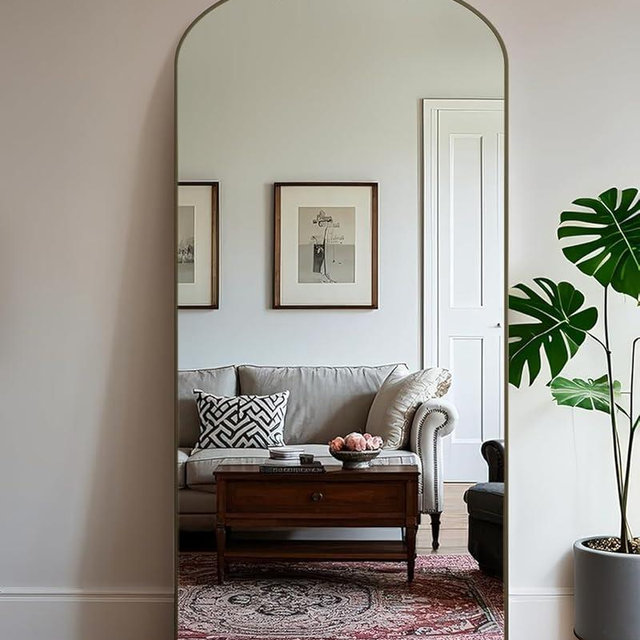 Arched Full Length Mirror, 76"x34" Floor Mirror Freestanding with Carved Metal Frame & Bottom Art Carved, Full Body Mirror for HomeDecor, Standing/Halling Large Wall Mirror for Bedroom, Bronze