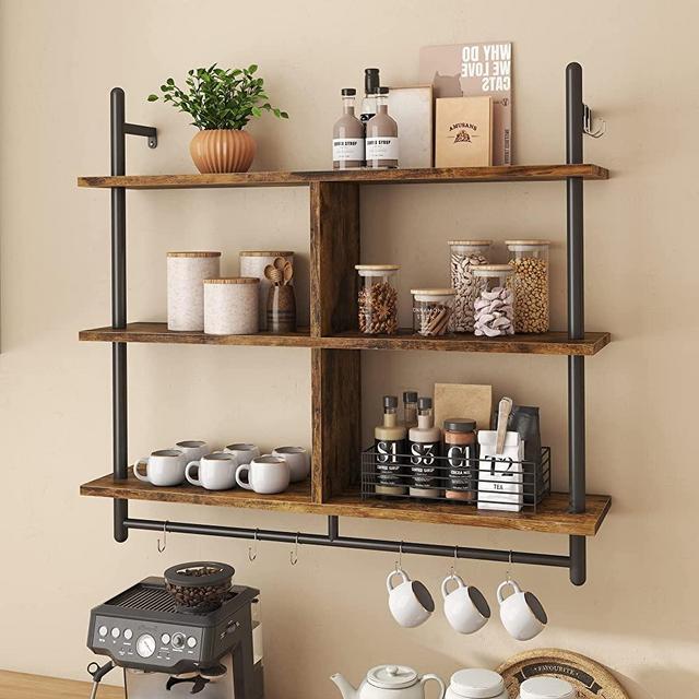 Bestier 41.5" Floating Pipe Shelving, 3 Tier Industrial Wall-Mounted Ladder Shelf Hanging with Circular Tube, Plant Shelf, Wood Display Bookshelf Storage for Living Room Kitchen Balcony, Rustic Brown