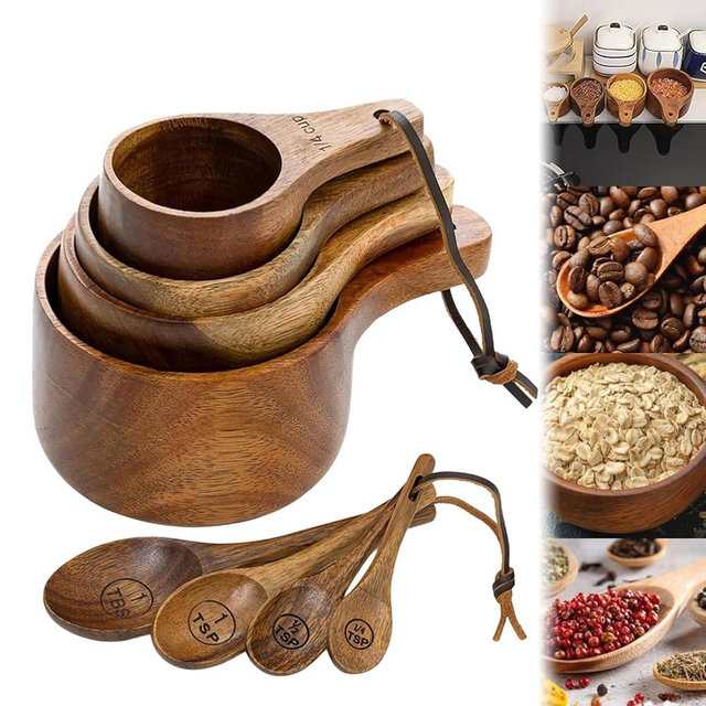 Wooden Measuring Cups and Spoons Set - Cute Measuring Cups, Wood Kitchen Accessories，4PCS/Set Wooden Measuring Cup and Measuring Spoon Kit for Baking Cooking Spice Coffee Tea Milk Powder