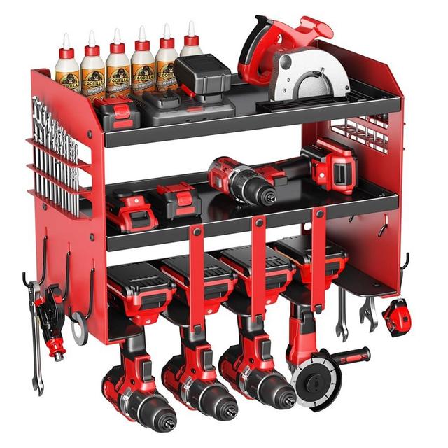 Power Tool Organizer Wall Mount - 120Lbs Load 3 Layers Storage Rack 4 Drill Holders for Drills Cordless Heavy Duty lron Garage Tool Organizer Storage - Workshop Shed Pegboard Basement, Gifts for Men
