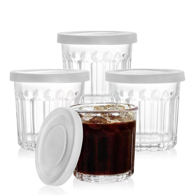 MedoouHait Glass Cups with Lids, 14oz Drinking Glasses, Glassware Set of 4, Glass Tumblers, Food Storage Jars