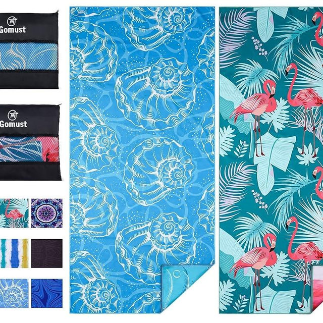 2 Pack Lightweight Thin Beach Towel Oversized 71"x32" Big Extra Large Microfiber Sand Free Towels for Adult Quick Dry Travel Camping Beach Accessories Vacation Essential Gift Blue Shell Flamingo