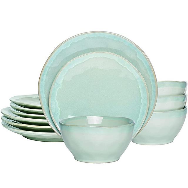Bosmarlin Stoneware Dinnerware Set, Ceramic Bowls and Plates Set, Service for 4, 12 Piece, Microwave and Dishwasher Safe, Reactive Glaze (Pale Green)