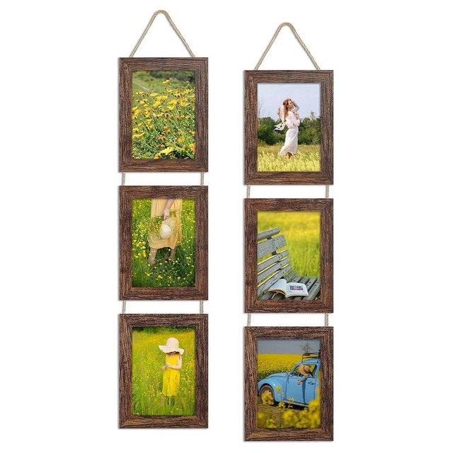 ccdcc 5x7 Collage Picture Frames Set of 2, Rustic Wooden Real Glass Vertical Hanging 3 Opening 5 by 7 Photo Frame, Distressed Brown