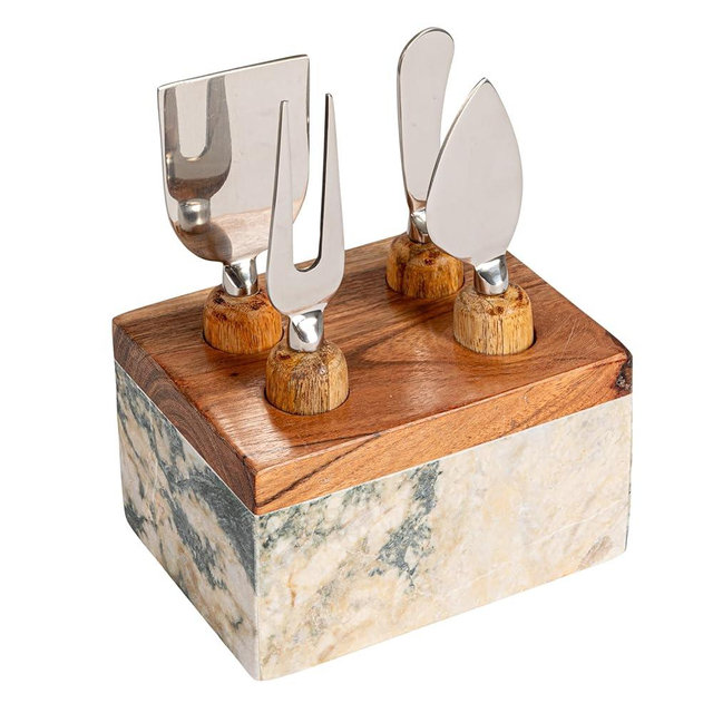 Creative Co-Op, Black, Marble Cheese Server Set with Mango Wood Stand, Set of 4, Small