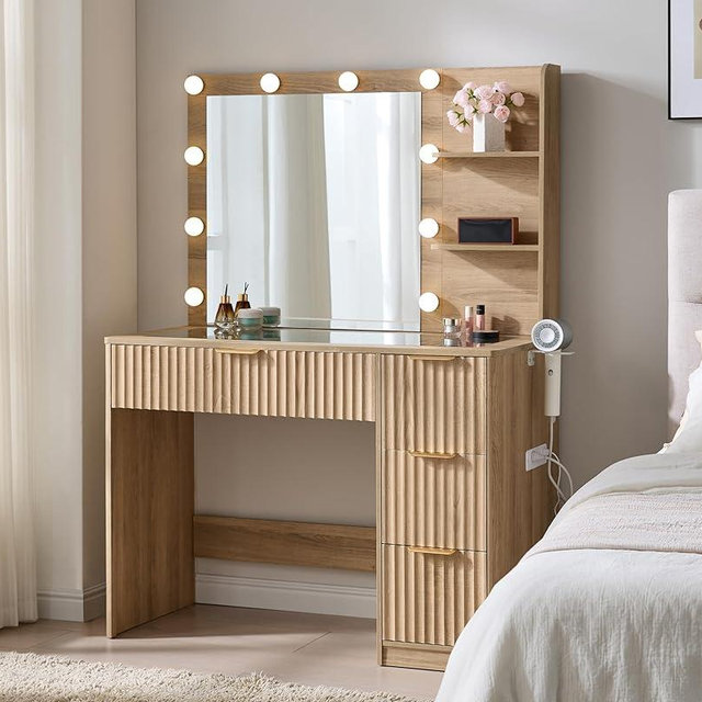 AMERLIFE 36.2" Fluted Vanity Desk with Mirror and Adjustable LED Lights, Large 4 Drawers Makeup Table with Glass Top and Charging Station for Women and Girls, Bedroom or Dorm, Natural Oak