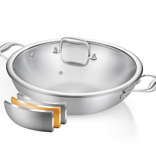 DELARLO Tri-Ply Stainless Steel Wok Pan With Lid, Fast & Even Heat 12Inch Large Frying pan, Induction Saute Pan, Dishwasher Safe Cooking Pan,Induction,Broiler Safe 600℉