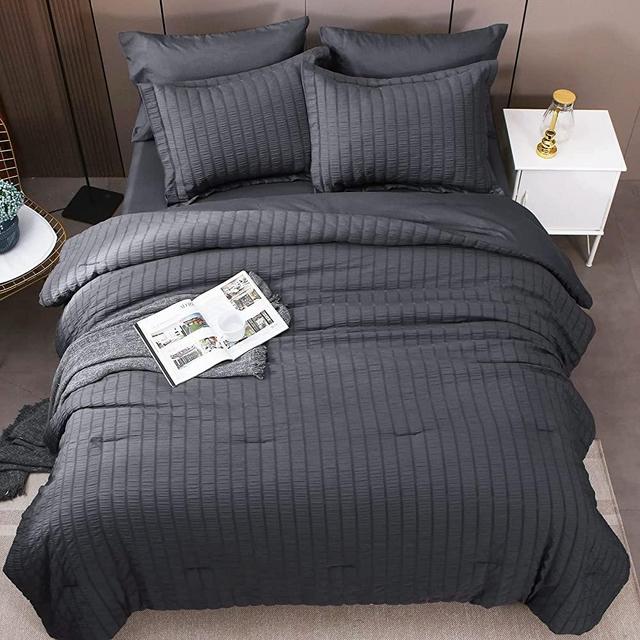 HYMOKEGE Queen Comforter Set Seersucker 8 Pieces, All Season Luxury Bed in a Bag for Bedroom, Bedding Set with Comforters, Sheets & Skirt, Pillowcases & Shams, Dark Grey
