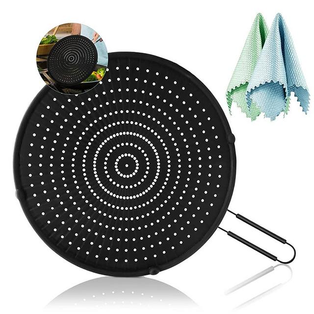 Silicone Splatter Screen for Frying Pan 13”, Multi-Use Splatter Shield, Food Safety, High Heat Resistant Oil Splash Guard Universal Pan Cover, Cooling Mat, Strainer, Drain Board, (Fish Scale Rag×2)