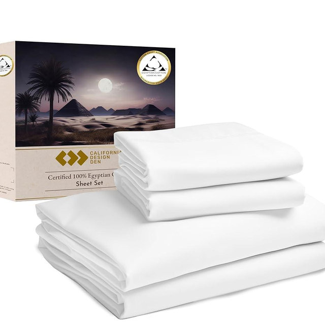 California Design Den Certified 100% Egyptian Cotton Sheets Queen Size, Luxury 4-Pc Queen Sheet Set with Deep Pocket, Soft, Wrinkle-Resistant, Cool & Durable Bed Sheets, White Sheets