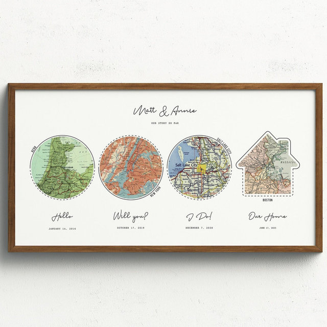 Our Family Story Map | Our Love Story Couple Map Print | Personalized 4 Locations Couple Map Print | Met, Engaged, Married, Home Couple Map