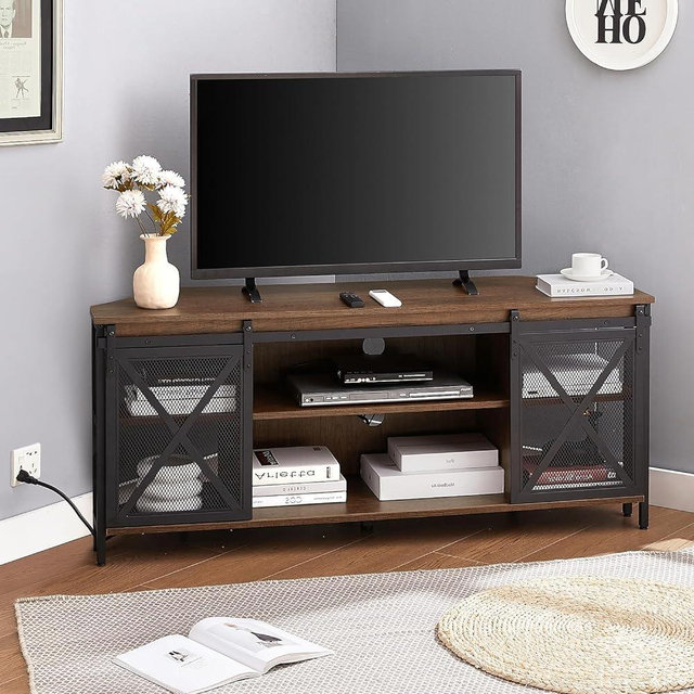 HOMISSUE Corner TV Stand, Corner TV Stand for up to 60" TV, Industrial & Farmhouse Corner Entertainment Center w/Sliding Barn Door and Power Outlet, Corner TV Cabinet for Living Room, Brown