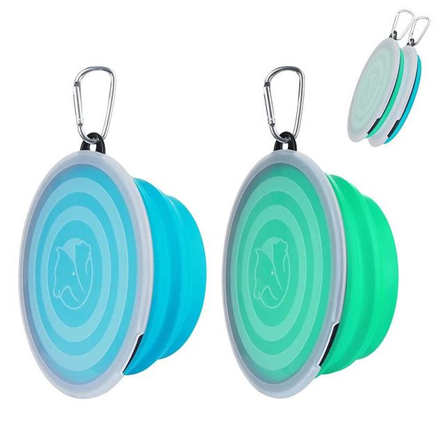 SLSON Dog Bowls Pet Collapsible Bowl with Cover Lids,2 Pack Dog Travel Bowls Portable Foldable Cat Water Dish Bowl for Pets Walking Parking Camping,Light Blue and Green (Large)