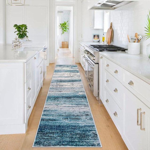 KOZYFLY Modern Abstract Runner Rug, 2x8 Kitchen Rugs Non-Slip Washable Soft Striped Hallway Runner Rugs, Print Distressed Blue Carpet Runner for Entryway Bathroom Laundry Room Foyer