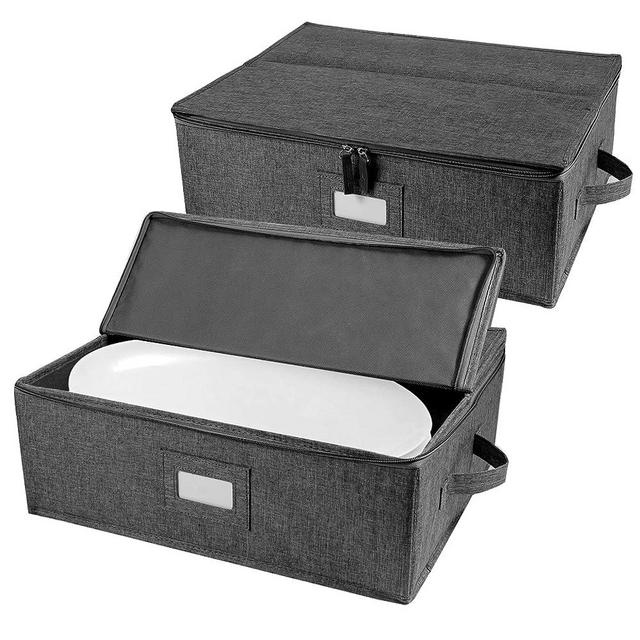 China Storage Containers 2 Pack, Platter Storage Case Hard Shell 17" x 13" x 6", 5 Felt Dividers Included, Structured Top and Stackable (Linen Grey)