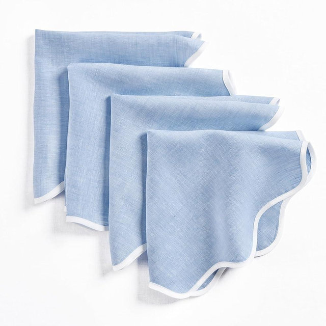 Solino Home Linen Scallop Cloth Napkins Set of 4-100% Pure Linen White and Chambray Blue Dinner Napkins 20 Inch - Giselle Scallop Edge, Handcrafted and Machine Washable