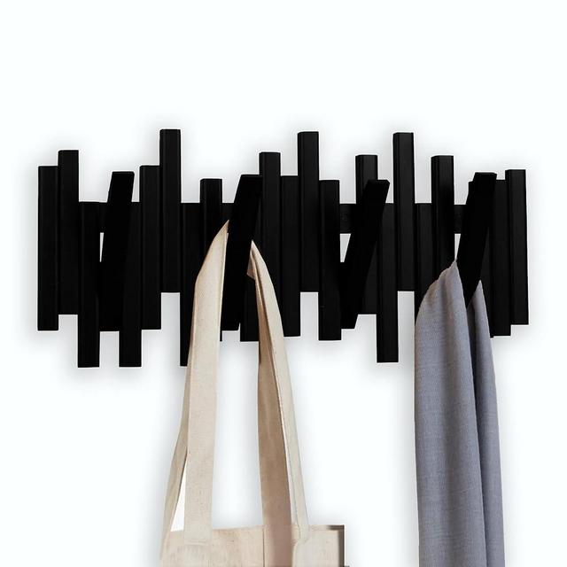 MinBoo Bamboo Multi Hook Coat Rack -Decorative Hooks for Wall Modern, Unique, Space-Saving Coat Hanger with 4 Flip-Down Hook for Hanging Coats, Christmas Decorations Wall Hooks for Hanging,Black