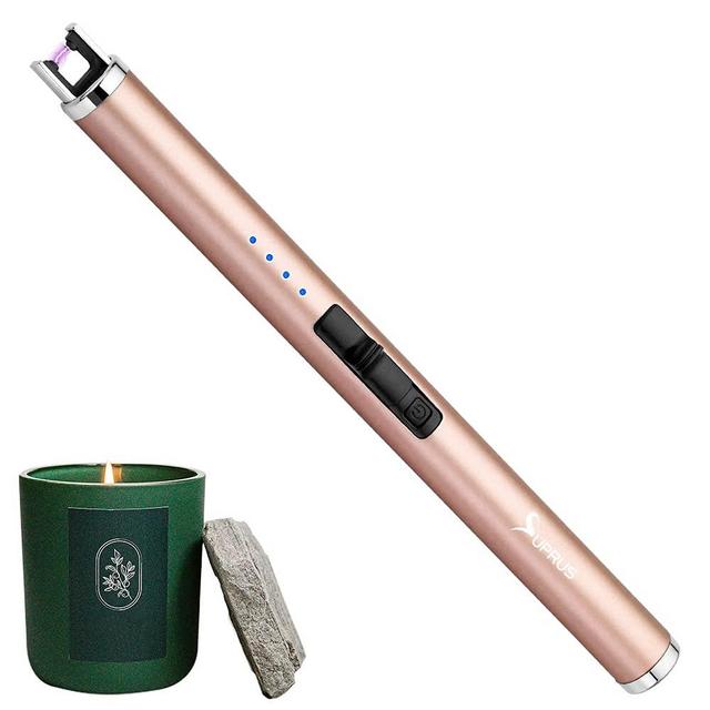 SUPRUS Candle Lighter Arc USB Lighter Electric Lighter with Upgraded LED Battery Display Safety Switch Rechargeable Flameless Plasma Windproof Portable for Cooking Camping BBQs (1, Champagne Gold)