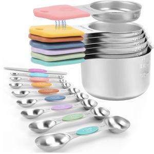 Magnetic Measuring Cups and Spoons Set-Heavy Duty 304 Stainless Steel，Double Measurement Markings，Set of 16 with Leveler for Measure Dry and Liquid Ingredients