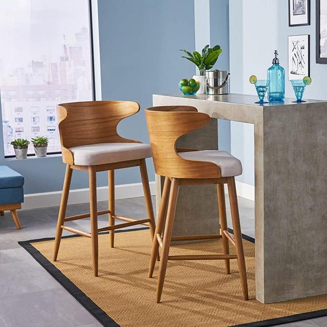 Christopher Knight Home Truda Mid Century Modern Fabric Barstools Set of 2 in Light Beige