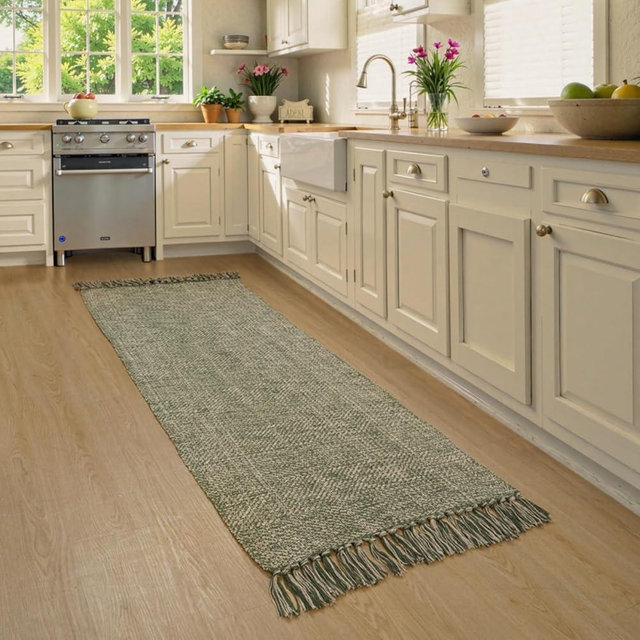 Collive 2x6 Hallway Runner Rug, Hand-Woven Washable Reversible Entryway Runner Rug, Natural/Green Cotton Farmhouse Laundry Room Rug Modern Long Carpet for Bedroom Bathroom Sink Foyer
