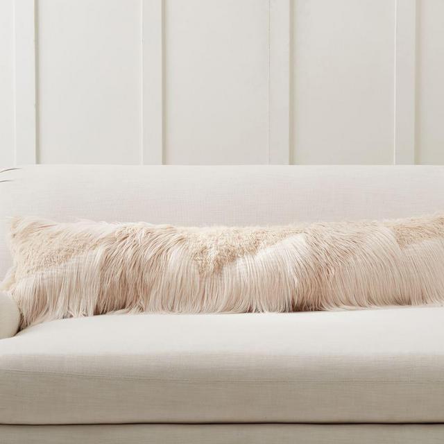 Mongolian Patchwork Faux Fur Long Lumbar Cover, 12 x 48" , Ivory