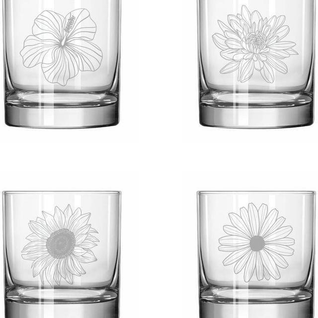 MIP Set of 4 Glass 11 oz Rocks Whiskey Glass Gift Flower Floral Collection