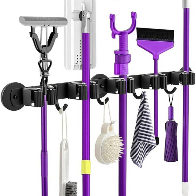 joaoxoko Magnetic Broom Holder Wall Mount - Heavy Duty Non-Slip Mop Hanger with 4 Hooks And 5 Rack, No Drill Tool Organizer for Refrigerator,Garage,Laundry Room (Black, 5Racks 4Hooks)