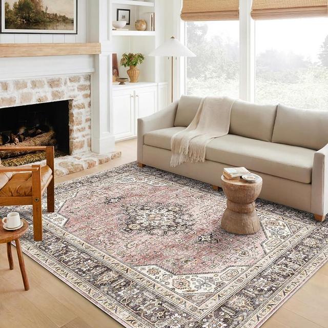 HILORUUG Washable Boho Area Rug - 5x7 Bedroom Living Room Large Indoor Rugs Soft Oriental Vintage Rugs Non-Slip Backing Stain Resistant for Farmhouse Kitchen (5x7 Pink)