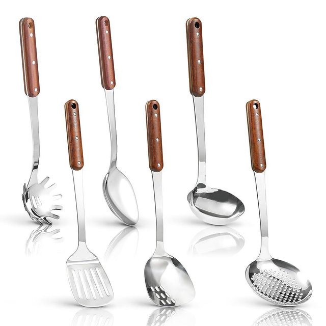 FJNATINH Stainless Steel Cooking Utensils Set, Mirror Polished 6 Pieces Kitchen Utensils Set, Kitchen Tools Set With Wooden Handle Non-Stick Heat Resistant,Dishwasher Safe, Easy to Clean