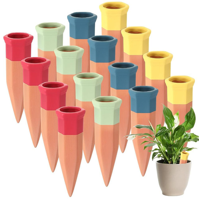 Baderke 16 Pcs Terracotta Watering Spikes Colorful Automatic Self Watering Stakes Slow Release Vacation Plant Waterer Devices for Indoor Outdoor Plants