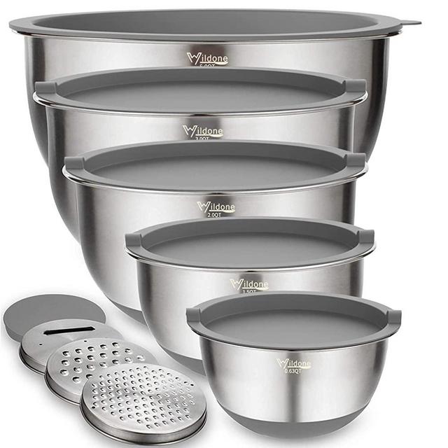 Mixing Bowls Set of 5, Wildone Stainless Steel Nesting Bowls with Grey Airtight Lids, 3 Grater Attachments, Measurement Marks & Non-Slip Bottoms, Size 5, 3, 2, 1.5, 0.63 QT, Ideal for Mixing & Serving