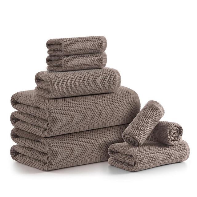 REDKISS 8 Piece Waffle Weave Towel Set - 100% Cotton Lightweight & Quick Dry - Highly Absorbent for Bathroom, Spa, Home, 2 Bath Towels, 2 Hand Towels, 4 Washcloths - Brown