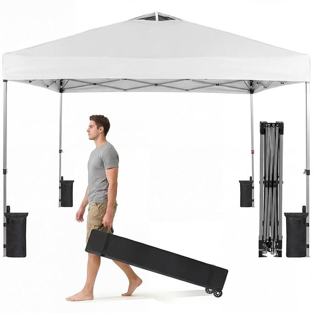 OLIXIS 10x10ft 1-Person Pop Up Canopy Tent, Heavy Duty One Push Setup Portable Outdoor Shelter for Beach Events Camping with Rolling Carry Bag, Snow White