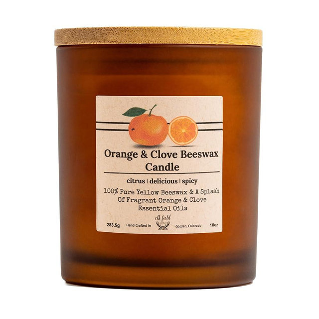 Elk Field Orange Clove Beeswax Candle | 2 Ingredients | Air Purifying, 100% Pure Beeswax Candles, Natural, Organic, Cotton Wick, Long Lasting Scented Candle, Aromatherapy Candles, 80 Hour, 10oz