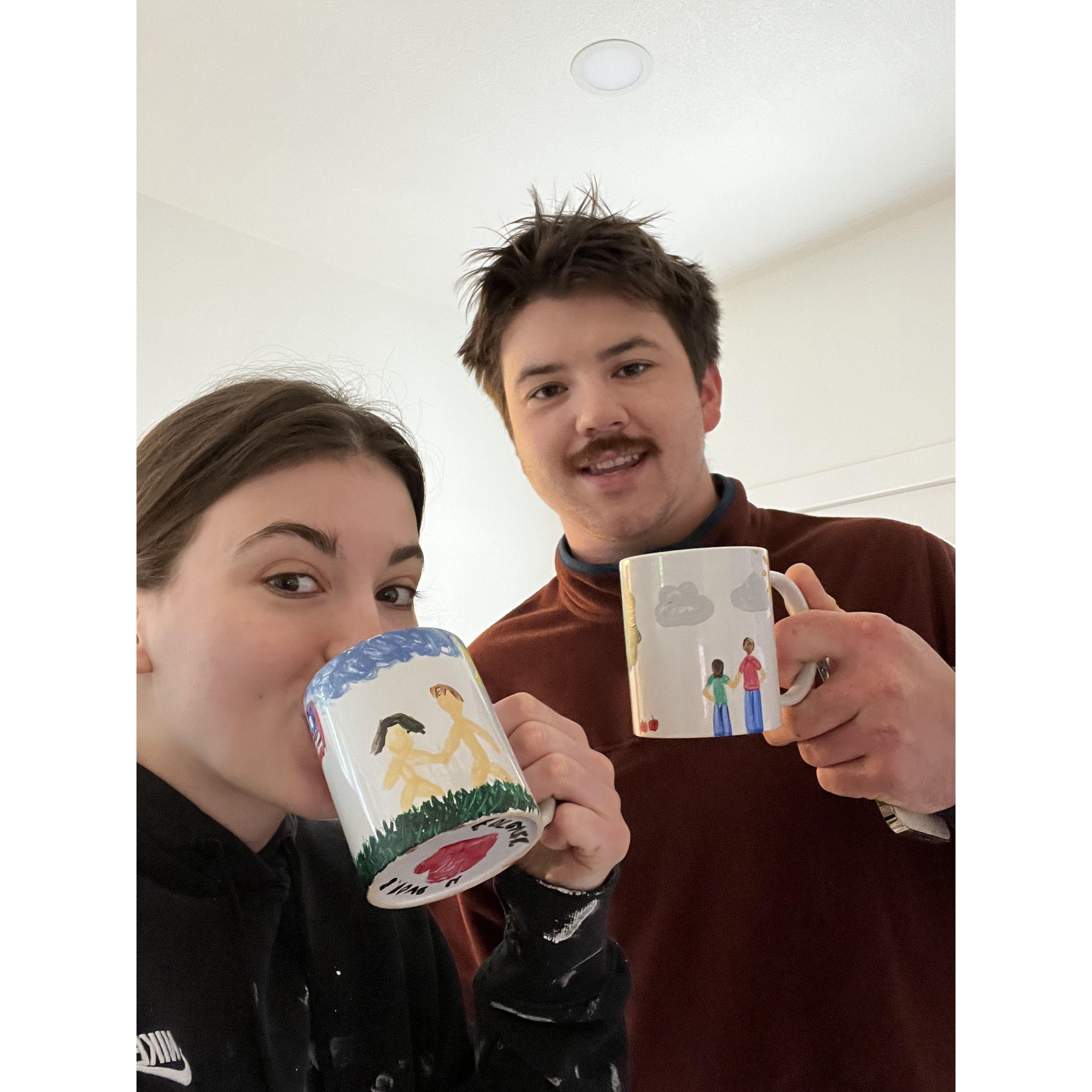 The first morning in our apartment. Fun fact: we painted these mugs for each other