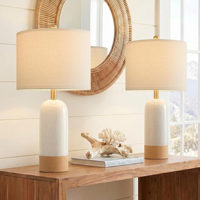 PoKat 24'' White Ceramic Table Lamps Set of 2, Farmhouse Bedside Lamps for Bedroom, Modern Nightstand Lamps for Living Room, Boho Rustic Table Lamps for Office Entryway Hallway, White & Earthy Yellow
