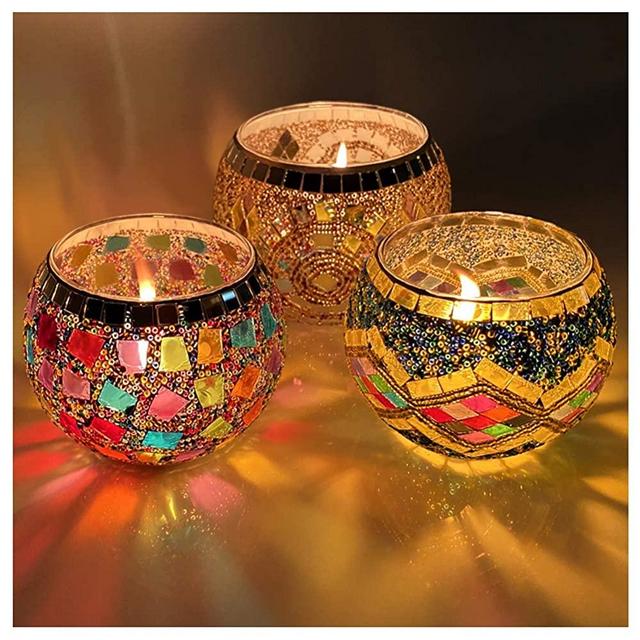 IIQ Glass Votive Candle Holders, LED Candle Lamps Holder for Votive Candles and Tealight Set of 3, Bowl Tea Night Light Holders Handmade Artwork Gifts for Home Decor/Party Decorations