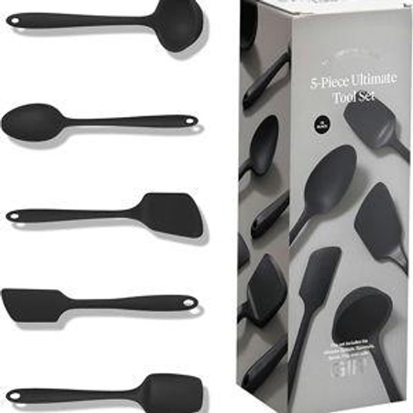 (Black) GIR: Get It Right 5 Piece Silicone Cooking Utensils Set - Ladle, Spatula, Flip, Spoon & Spoonula, Non-Stick, Heat Resistant, Dishwasher Safe, Silicone Kitchen Utensils, BPA & BPS Free - Studio White