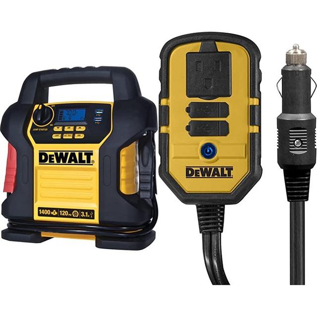 DEWALT DXAEJ14 Digital Portable Power Station Jump Starter: 1400 Peak/700 Instant Amps, 120 PSI Digital Air Compressor, 3.1A USB Ports, Yellow & DXAEPI140 Power Inverter 140W Car Converter