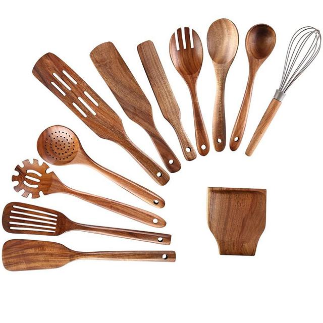 Kitchen utensils set,NAYAHOSE 12pcs wood cooking utensils wooden spoons spatula kit non stick scratch natural kitchen tools kitchenware cookware durable premium teak