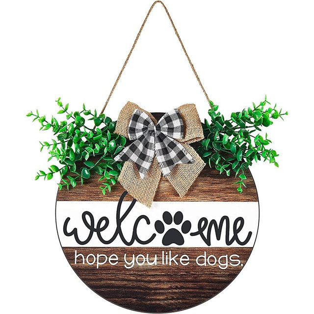 Jetec Dog Welcome Sign Welcome Wreath Sign Hope You Like Dogs for Farmhouse Front Porch Decor Door Hanging with Greenery Gift for Christmas Housewarming Holiday